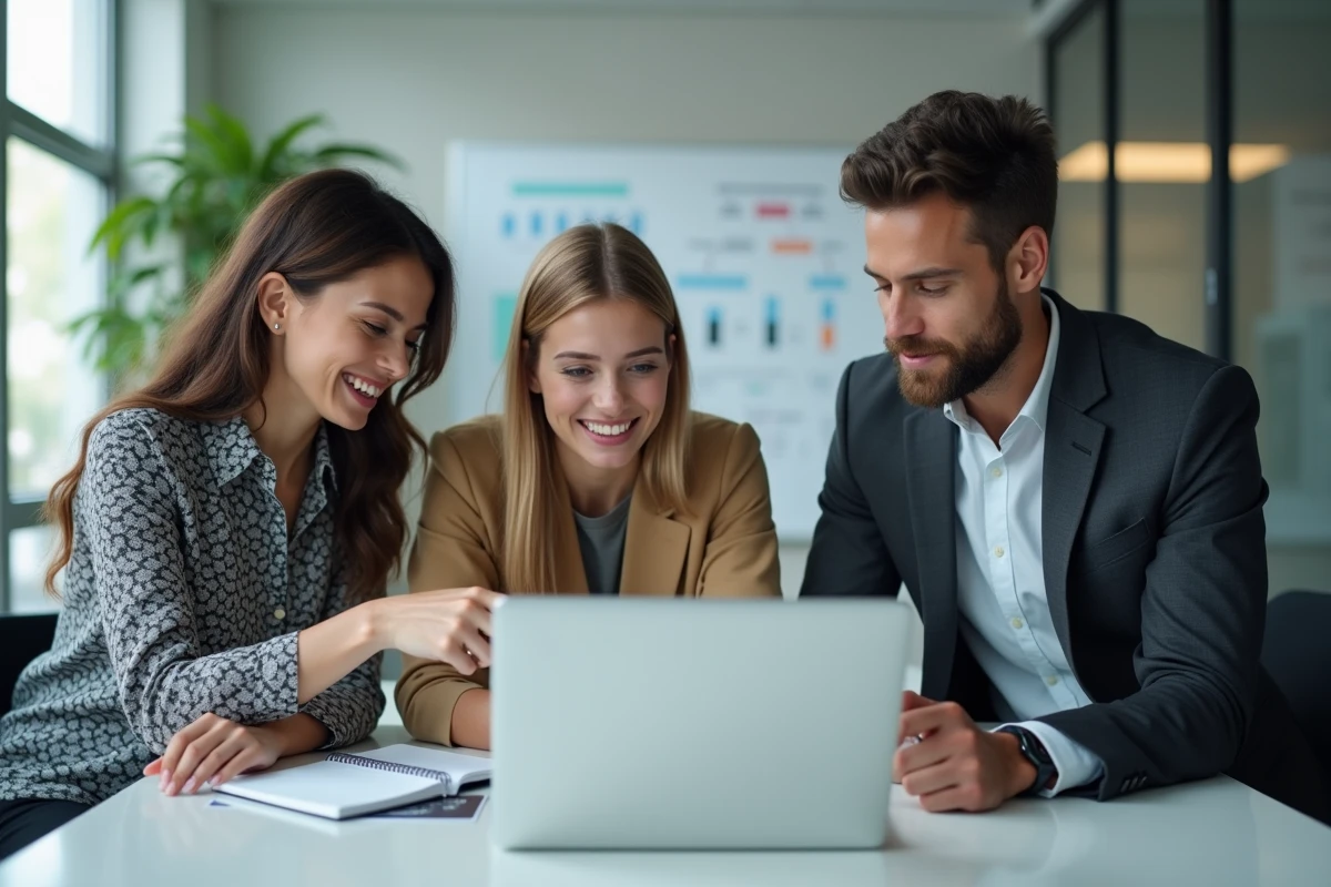 Équipe professionnelle découvrant des astuces de gain de temps sur un extranet lors d'une réunion de travail