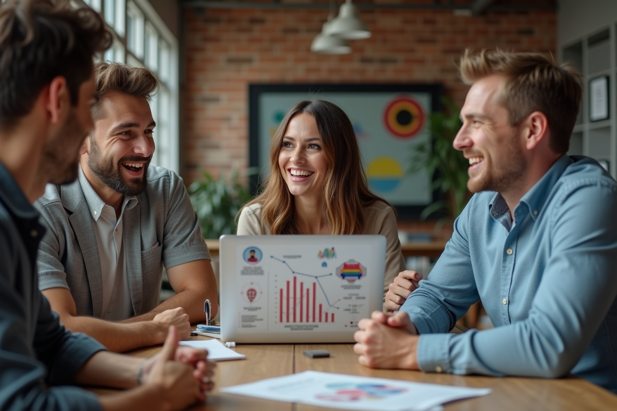 Groupe de quatre professionnels en discussion dans une salle de réunion