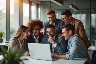 Groupe de professionnels célébrant une réussite en entreprise