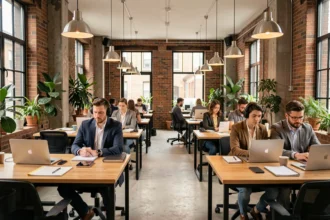 Espace de coworking moderne à Maisons-Alfort avec bureaux en bois et professionnels au travail