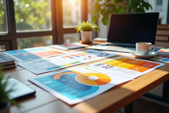 Espace de travail créatif avec flyers et outils de designer