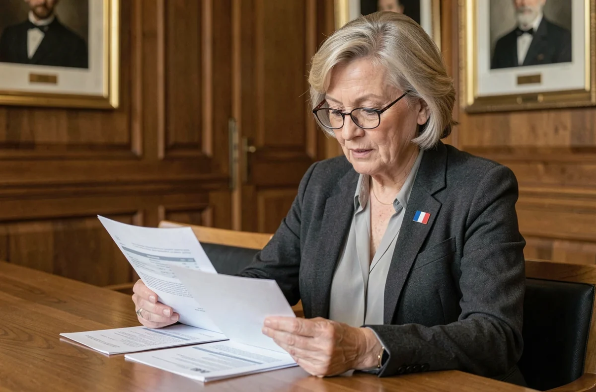 Représentante de l'État actionnaire examinant des documents financiers lors d'une réunion ministérielle à Paris