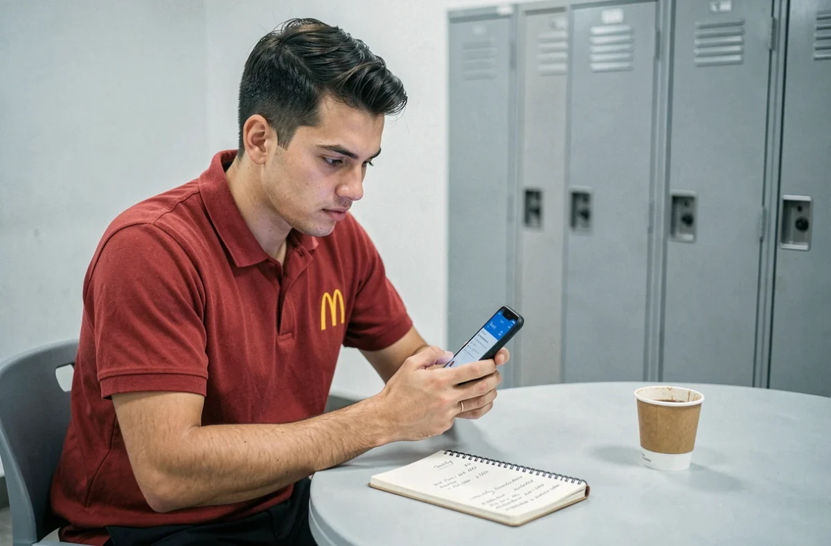Étudiant employé McDo calculant son salaire et ses primes sur smartphone en salle de pause
