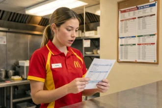Jeune employée McDonald's consultant sa fiche de paie avec des primes en restaurant rapide