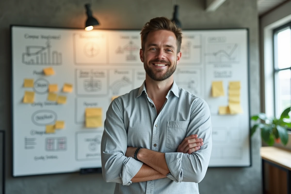 Jeune professionnel en reconversion depuis l'audit Big 4 présentant une stratégie entrepreneuriale devant un tableau blanc dans un bureau de startup