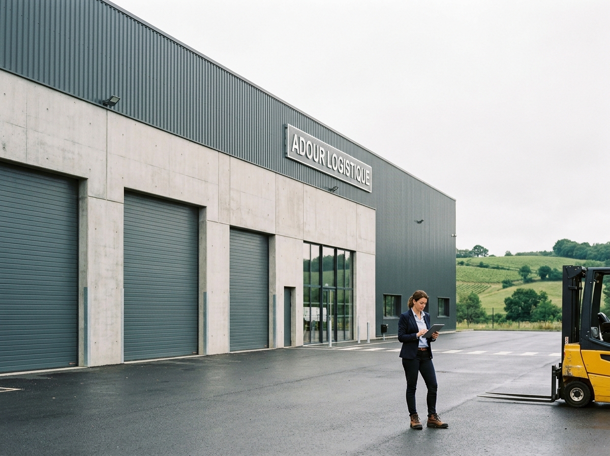 Façade d'un entrepôt industriel moderne dans le sud-ouest de la France avec responsable logistique devant l'entrée principale
