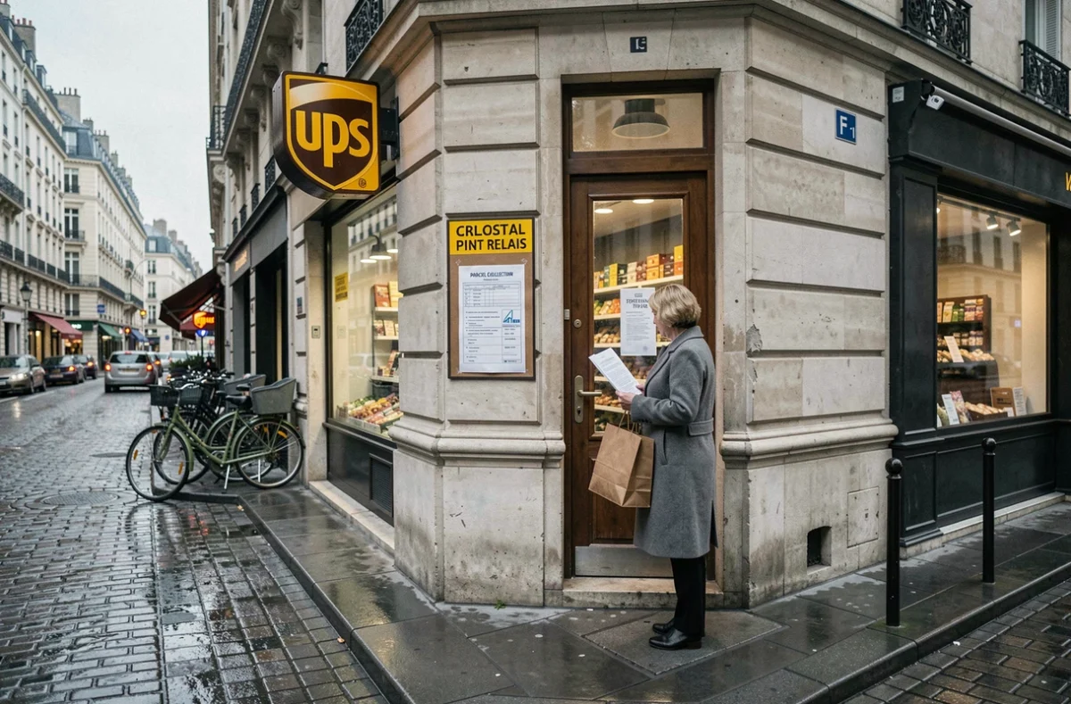 Devanture d'un point relais UPS dans une rue commerçante du centre-ville parisien