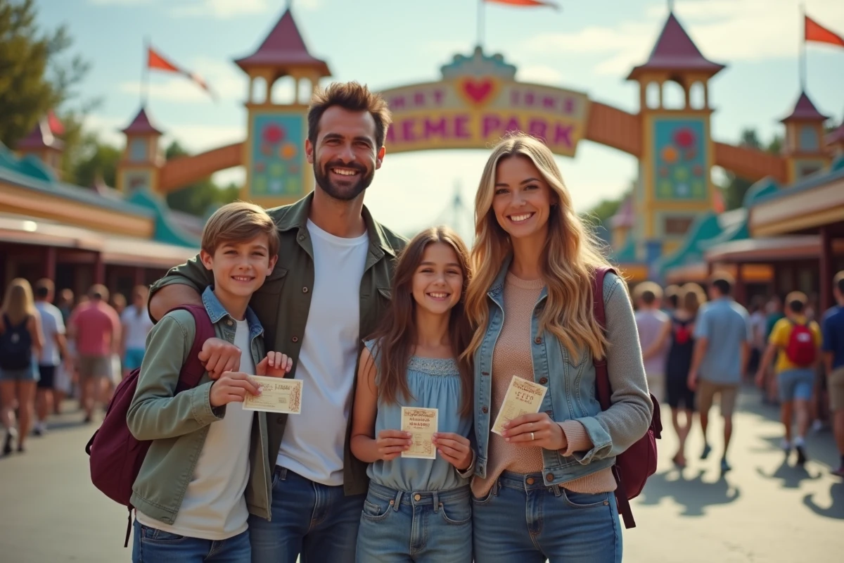Famille bénéficiaire des avantages CE Loxam visitant un parc de loisirs grâce à la billetterie 2026