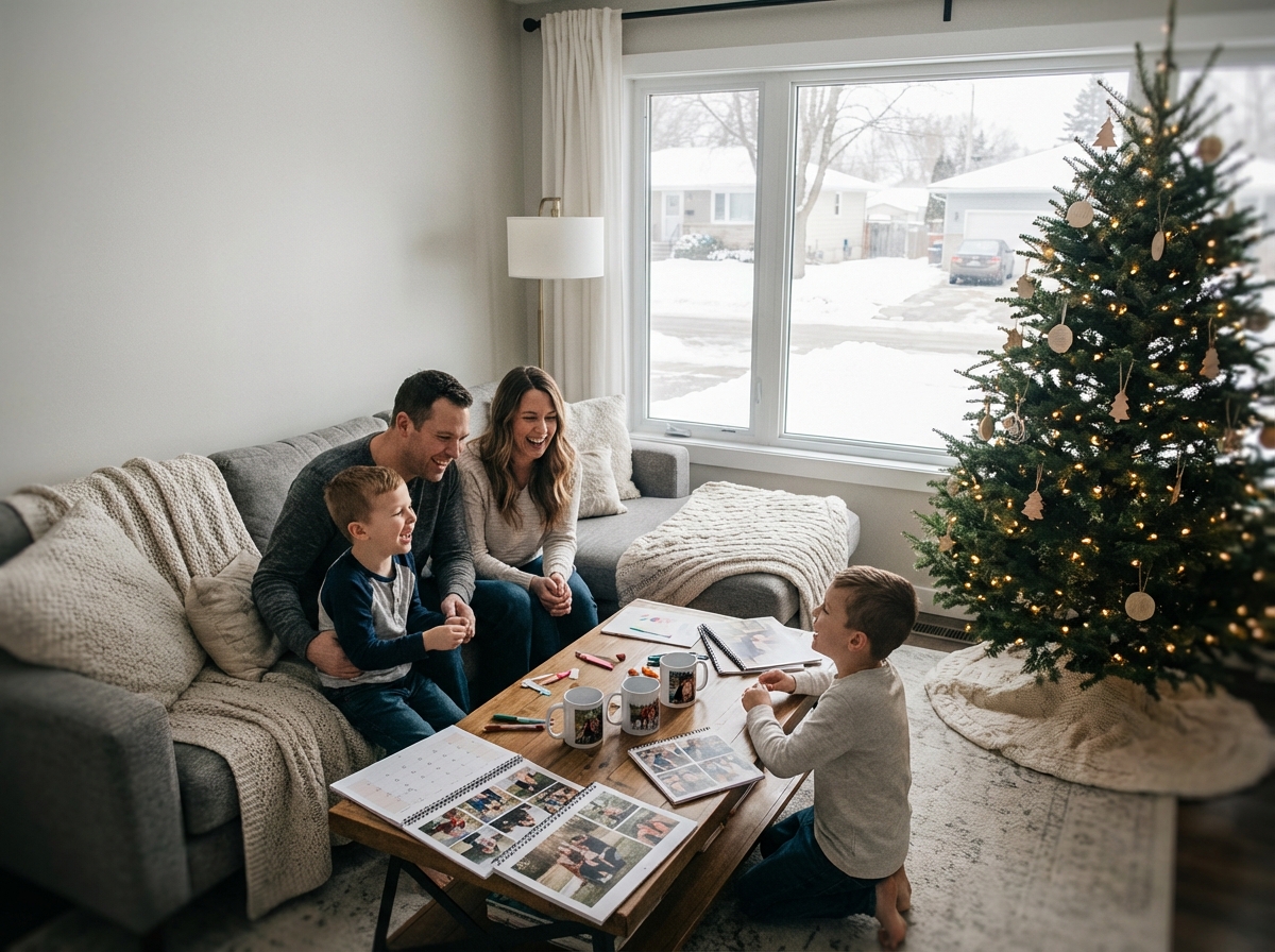Famille assemble cadeaux de Noel autour d une table
