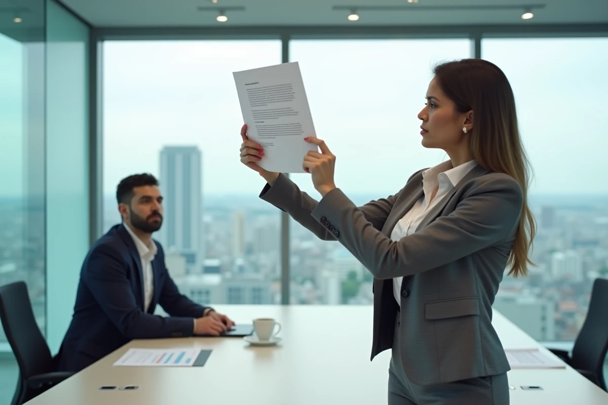 Femme d'affaires analysant une clause contractuelle dans une salle de réunion vitrée, soulevant un risque lié à la signature pour ordre
