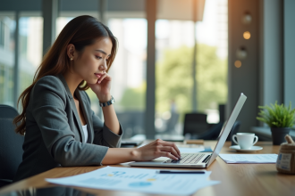 Femme d'affaires au bureau vérifiant un rapport sur son ordinateur