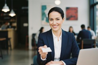 Femme d'affaires souriante échangeant une carte dans un café moderne