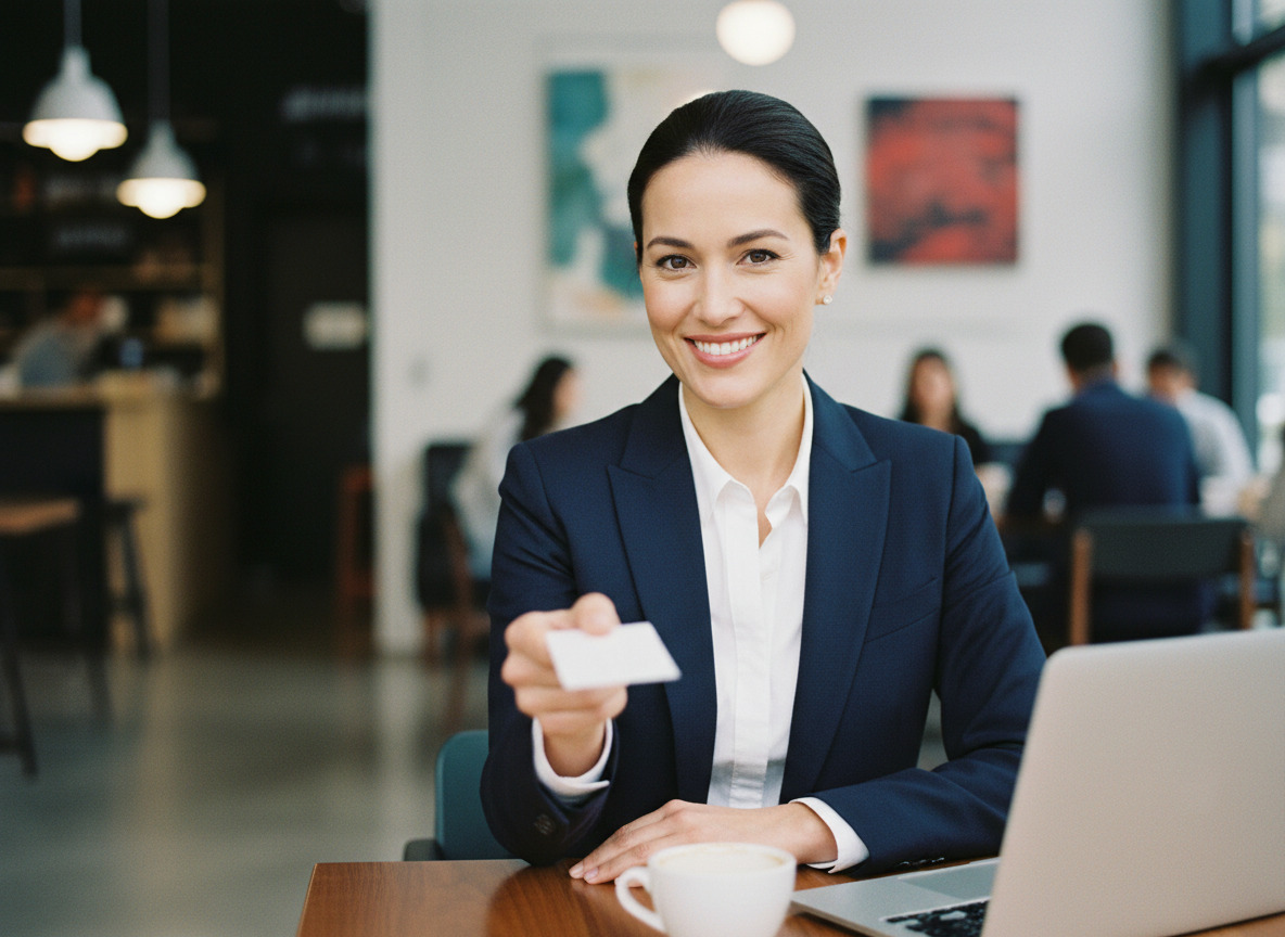 Femme d'affaires souriante échangeant une carte dans un café moderne