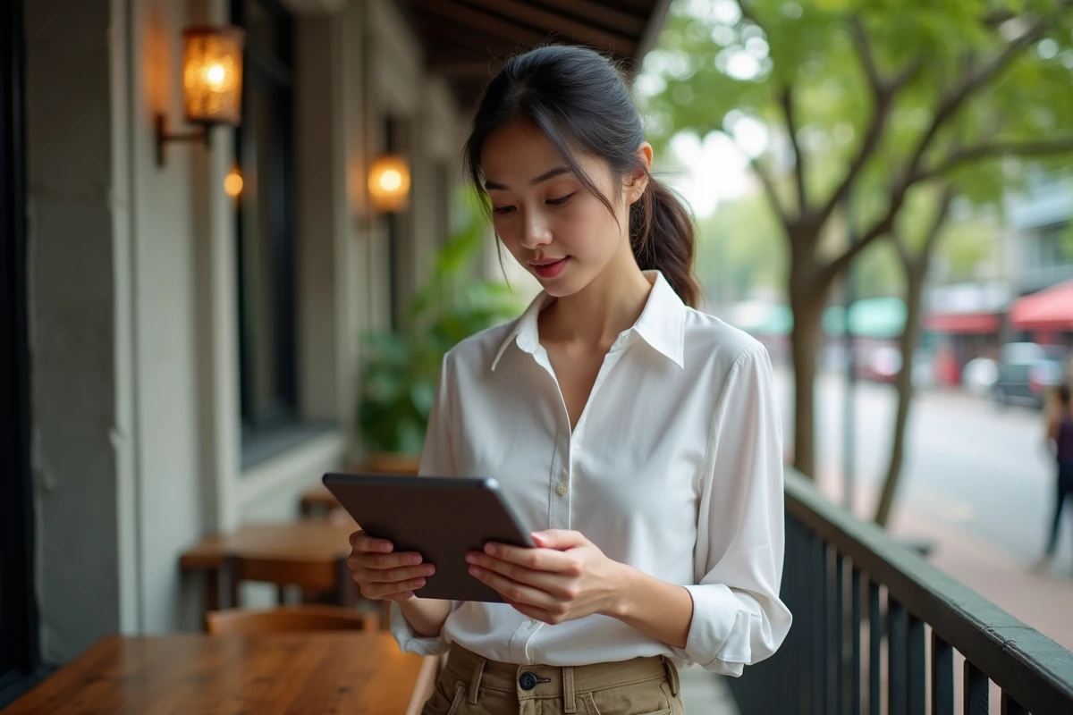 Femme analysant des données SEO dans un café à Chiang Mai