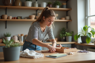 Jeune femme assemble une boîte en bois dans la cuisine