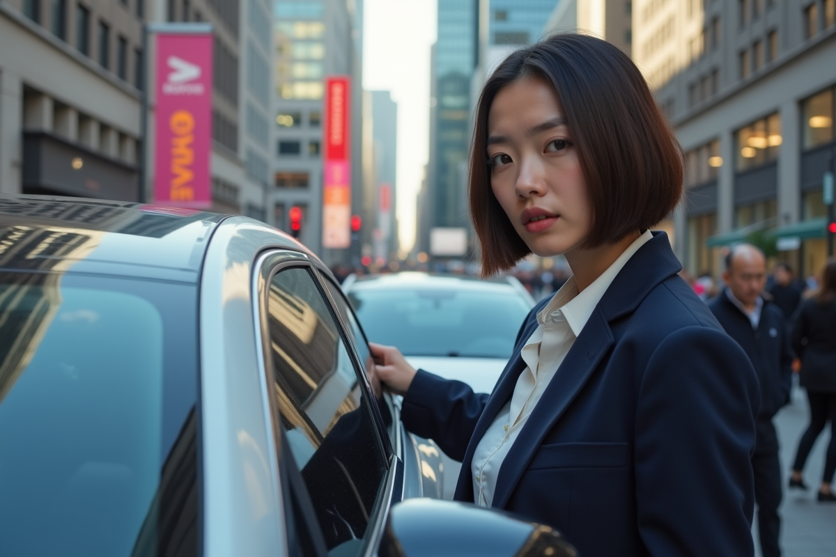 Femme inspectant un crossover électrique en ville