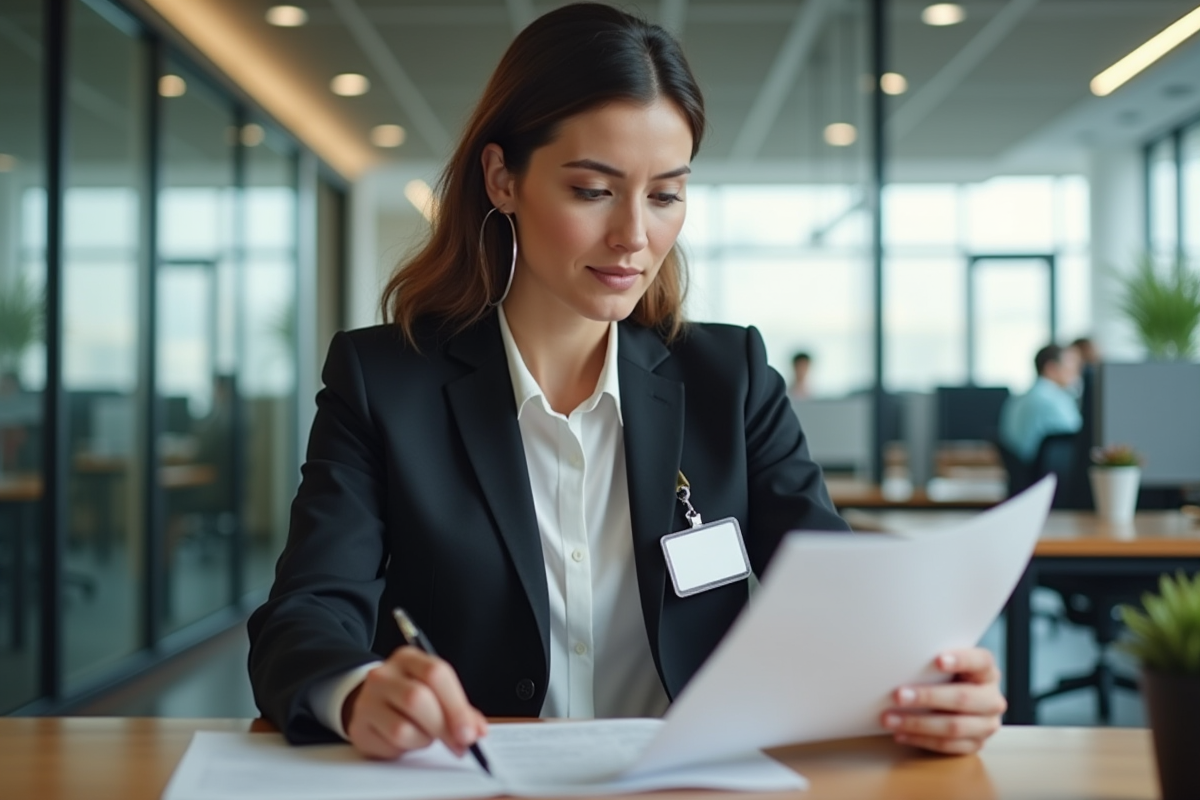 Femme en bureau moderne examine des papiers lors d'une activité professionnelle