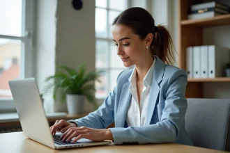 Femme professionnelle travaillant sur son ordinateur dans un appartement urbain