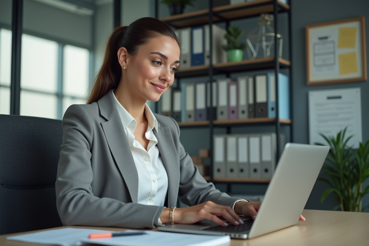Femme en blouse et blazer au bureau utilisant un ordinateur