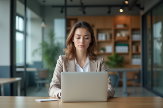 Femme en blazer au bureau moderne utilisant un ordinateur