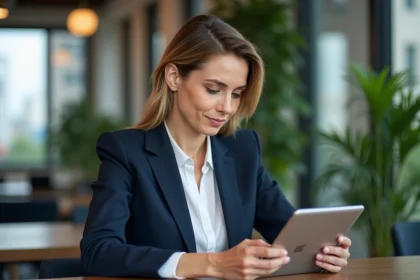 Femme confiante en bureau avec tablette et plantes