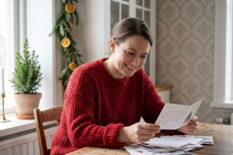 Femme souriante en sweater rouge examine cartes de voeux
