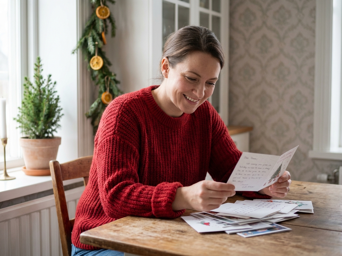 Femme souriante en sweater rouge examine cartes de voeux