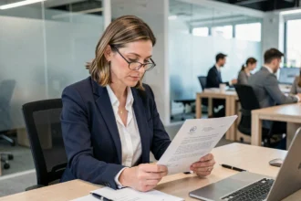 Femme cadre en entreprise relisant une lettre de demande de rupture conventionnelle à son bureau
