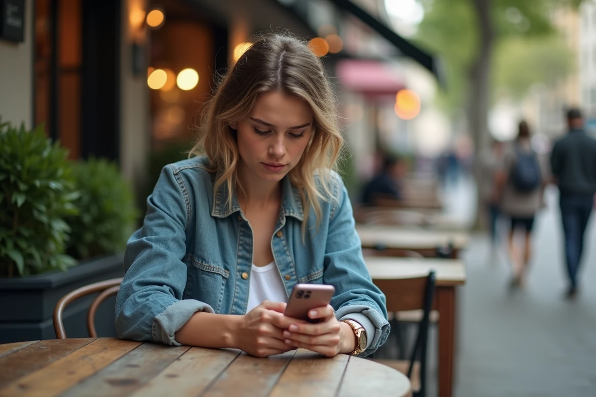 Jeune femme au café regardant son smartphone