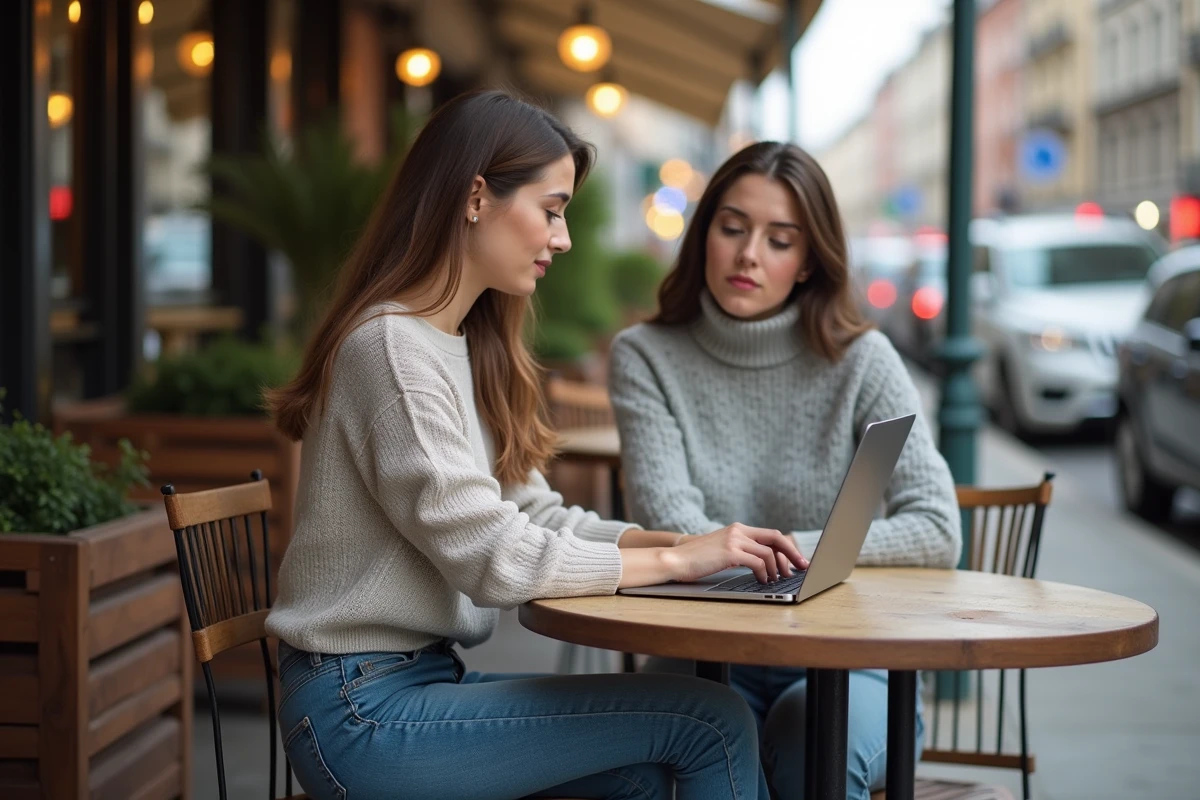 Femme travaillant sur un tableau SEO dans un café en extérieur