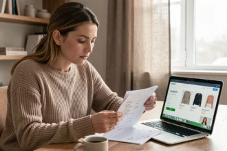 Femme consultant une check-list sur papier avant de se connecter à un site de vente de vêtements en ligne depuis son bureau à domicile