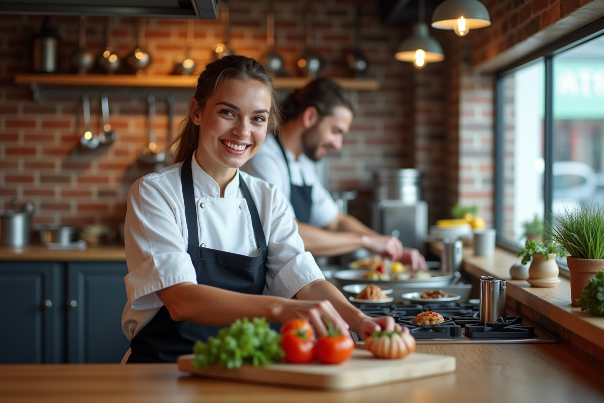 Femme chef souriante en cuisine ouverte