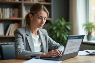 Femme professionnelle utilisant le portail Urssaf sur un ordinateur portable dans un bureau à domicile organisé