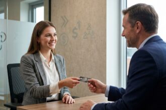Femme professionnelle offrant une carte de fidélité à un client