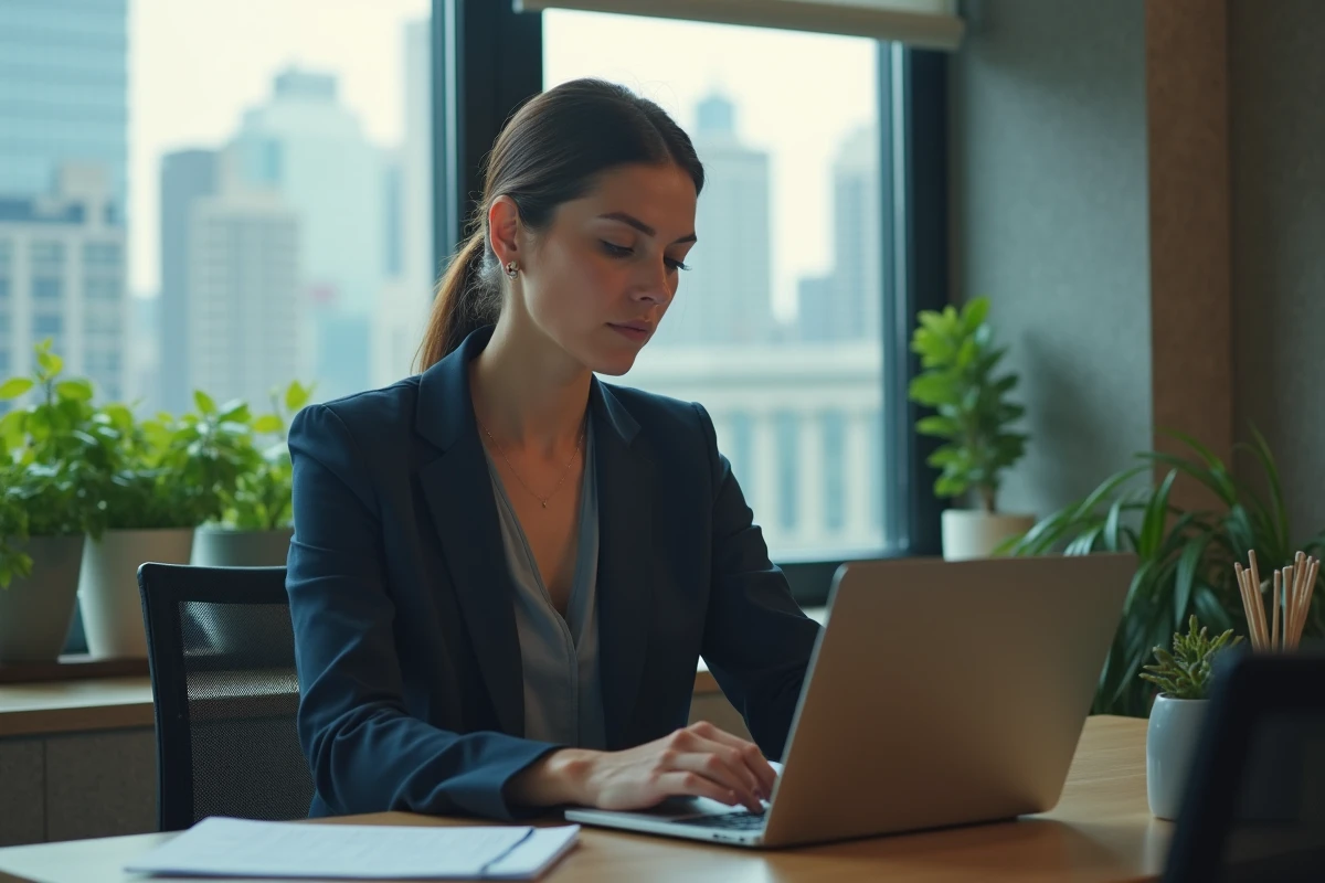 Femme conseillère utilisant une interface futuriste sur son ordinateur