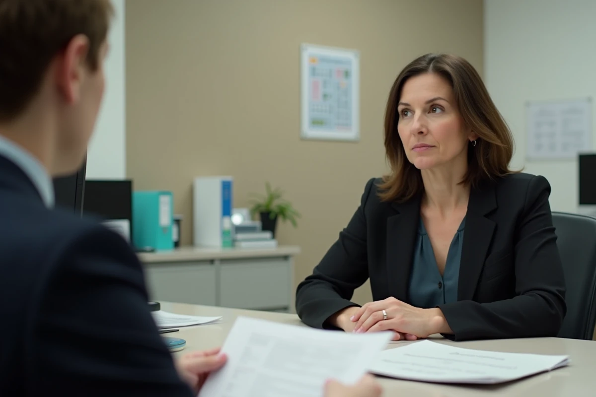Femme en entretien avec un conseiller de Pôle emploi pour ses démarches ASP après licenciement