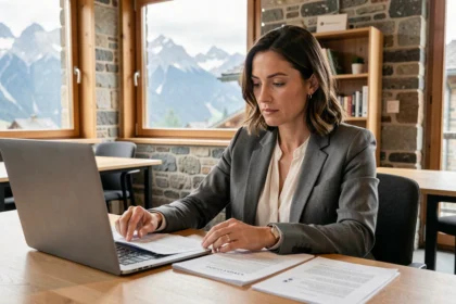 Femme consultante indépendante en portage salarial examinant des documents dans un espace de coworking à Gap avec vue sur les Alpes