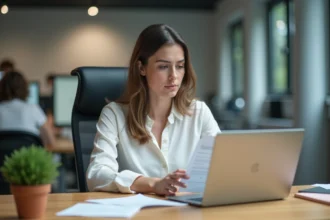 Femme en blouse blanche consultant ses documents RH sur MyPeopleDoc dans un bureau moderne