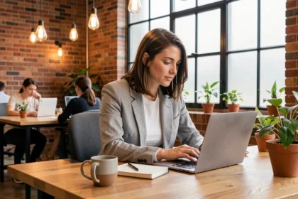 Femme travaillant sur son ordinateur portable dans un espace de coworking Chez Louise au mobilier moderne en bois