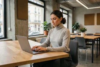 Femme travaillant dans un espace de coworking moderne à Nanterre avec vue sur la rue