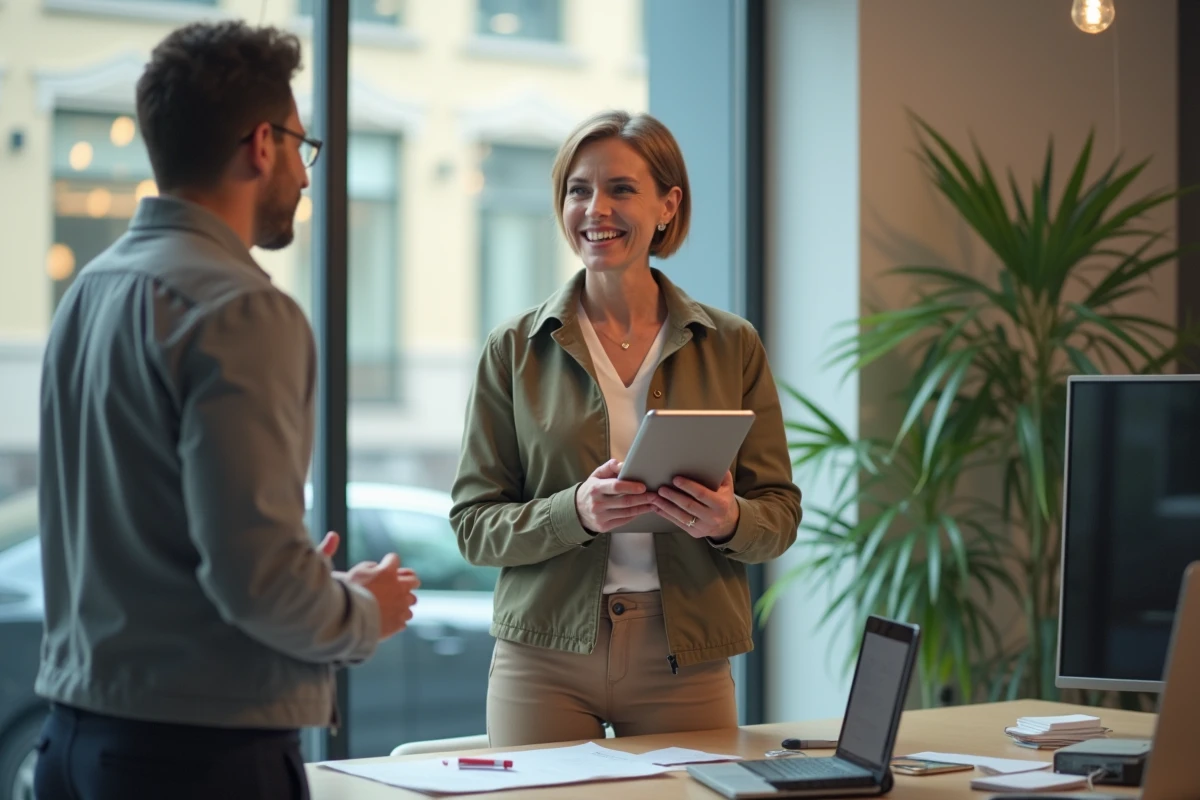 Femme montrant une application sur une tablette à un collègue dans un bureau