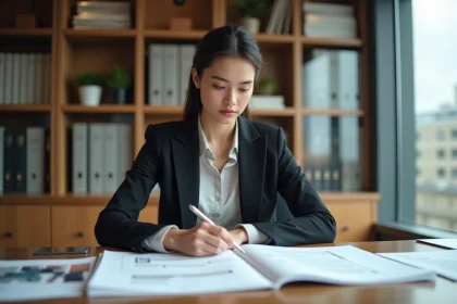 Jeune femme en bureau regardant des croquis et documents