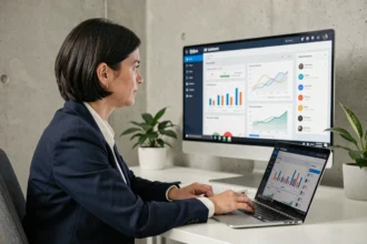 Femme dirigeante analysant des outils numériques B2B sur un tableau de bord analytique dans un bureau moderne