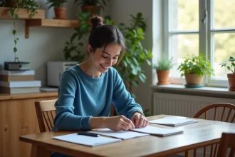 Femme à la maison emballant des enveloppes avec soin