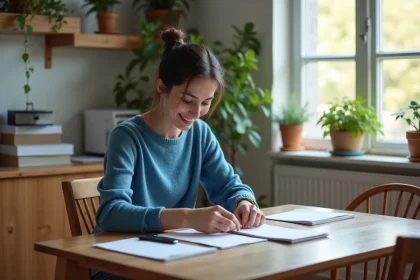 Femme à la maison emballant des enveloppes avec soin