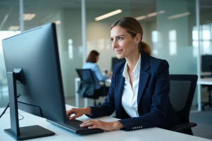 Professionnelle utilisant un extranet d'entreprise sur ordinateur pour optimiser son temps de travail au bureau
