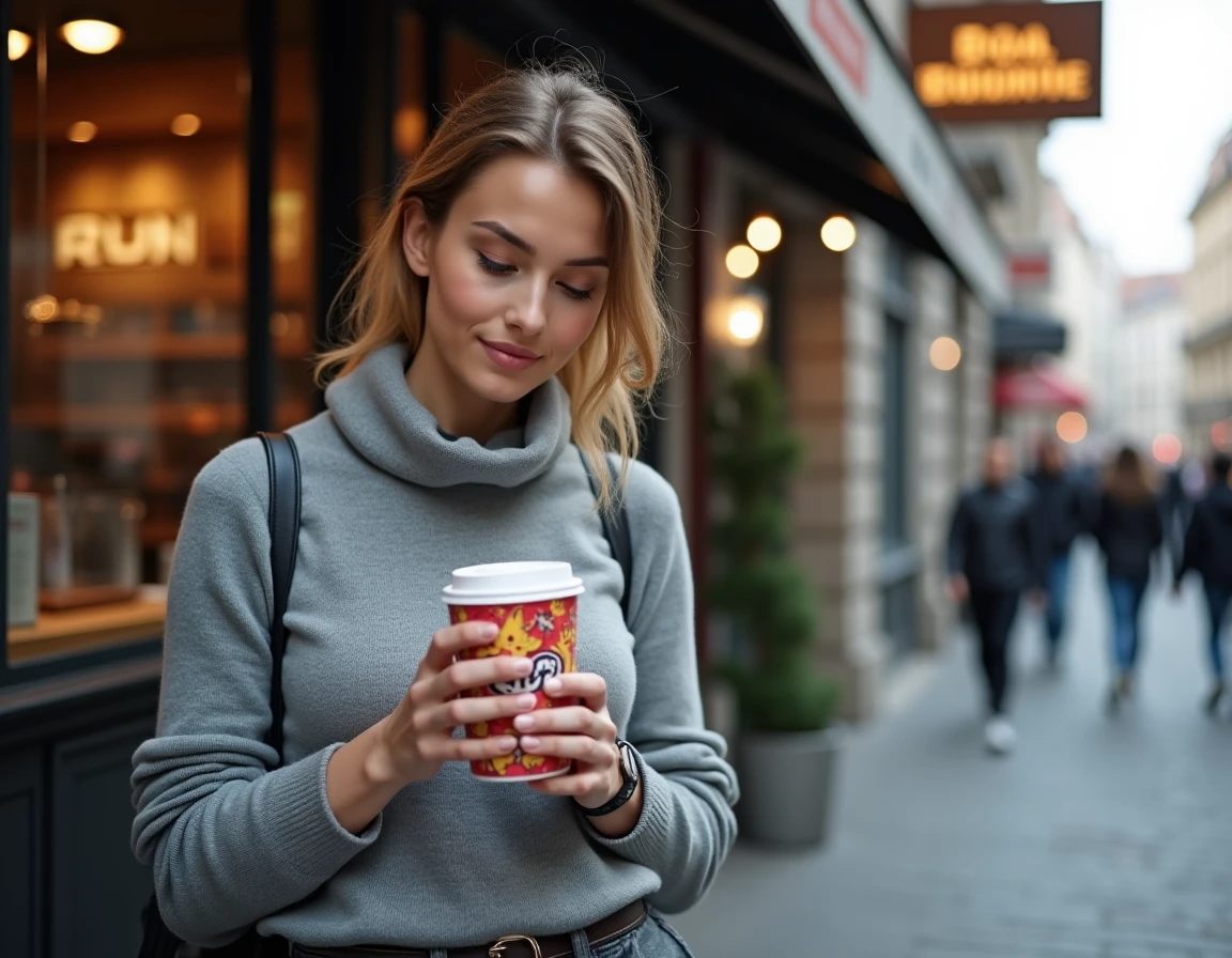 Femme tenant un gobelet personnalisé devant un kiosque à café en ville