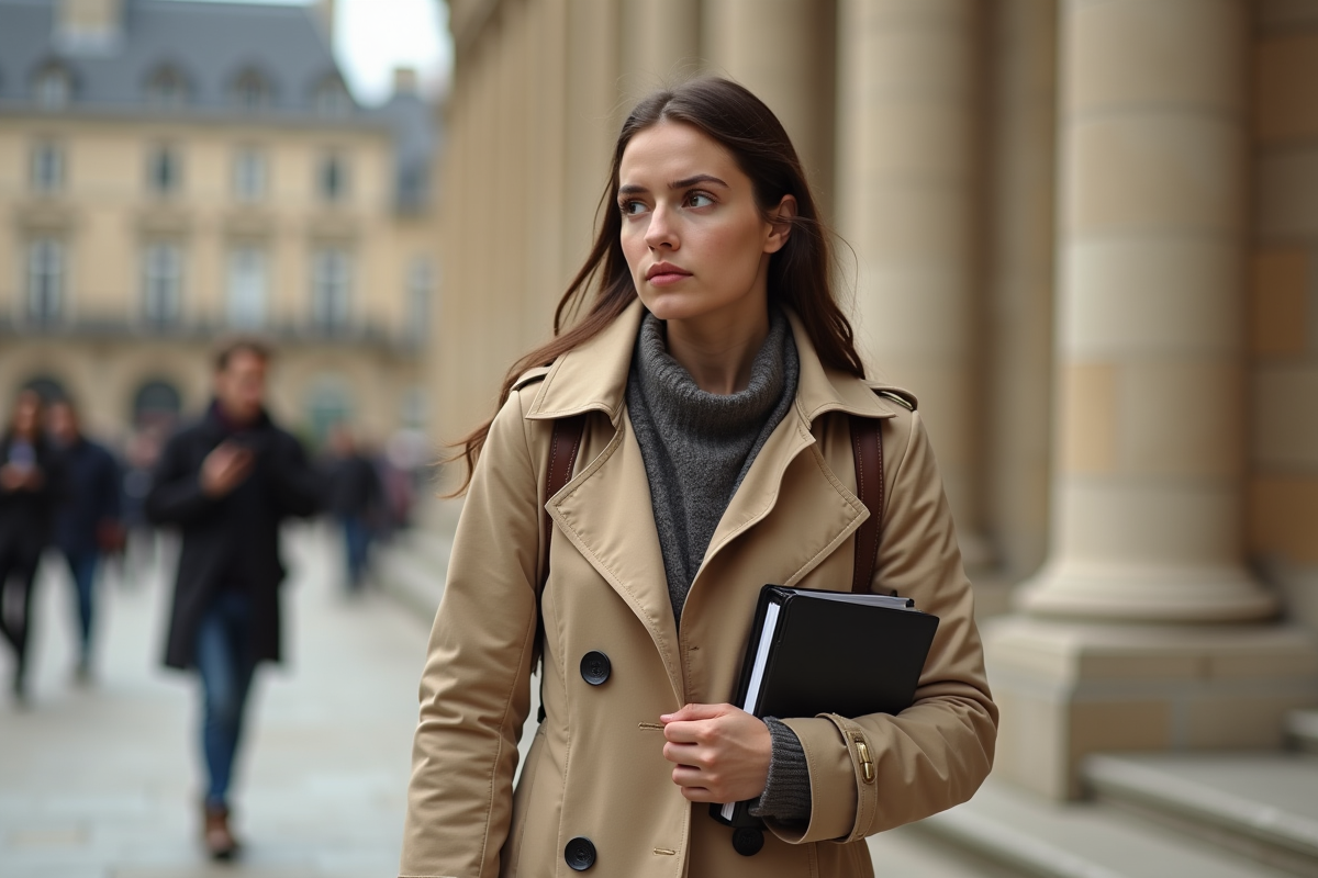Jeune femme avec trench devant le palais de justice