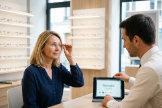 Femme essayant des lunettes sans reste à charge dans un magasin d'optique moderne en France