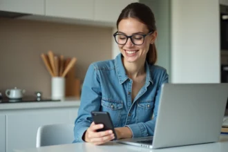 Femme en denim au travail sur son ordinateur dans la cuisine